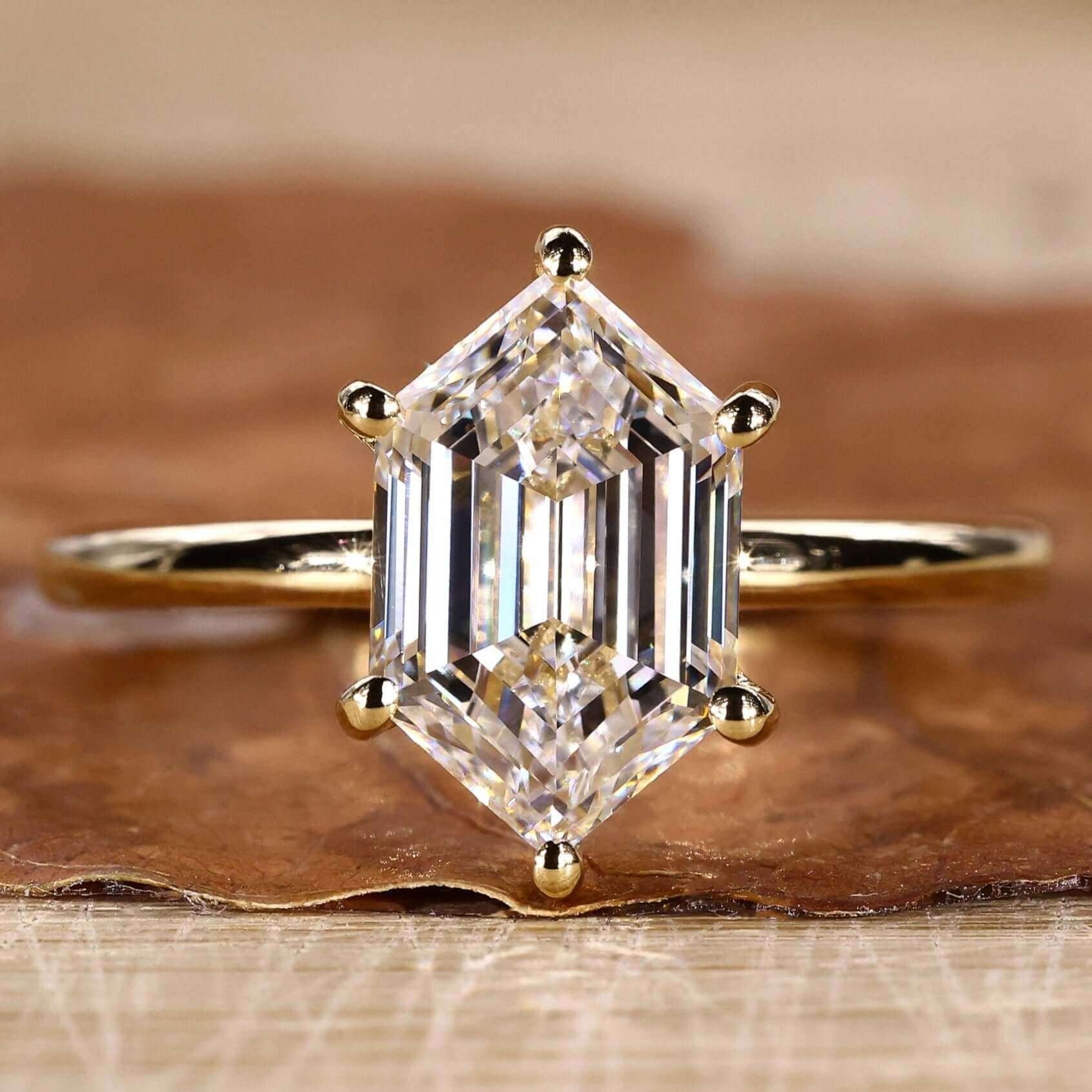Long Hexagon Step Cut Lab Grown Diamond Solitaire Prong Setting Engagement Gold Ring Shree Diamond Mfg